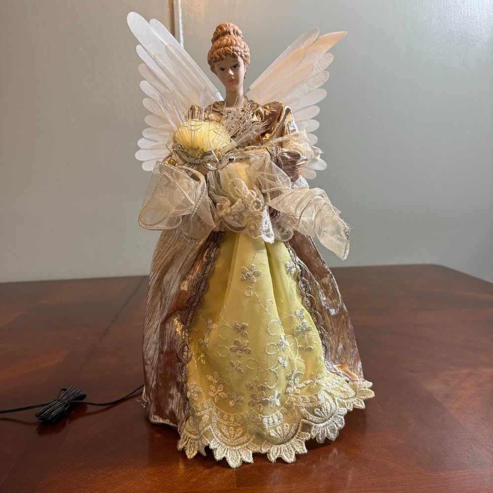 Lighted Angel Tree Topper Fiber Optic Christmas Decoration Gold White‎